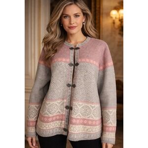 Carroll Reed 100% Wool Nordic Cardigan Sweater Ornate Clasps SZ‎ Large Heritage